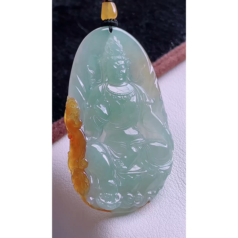 缅甸天然A货玉石翡翠 老坑冰种晴水飘黄翡观音吊坠