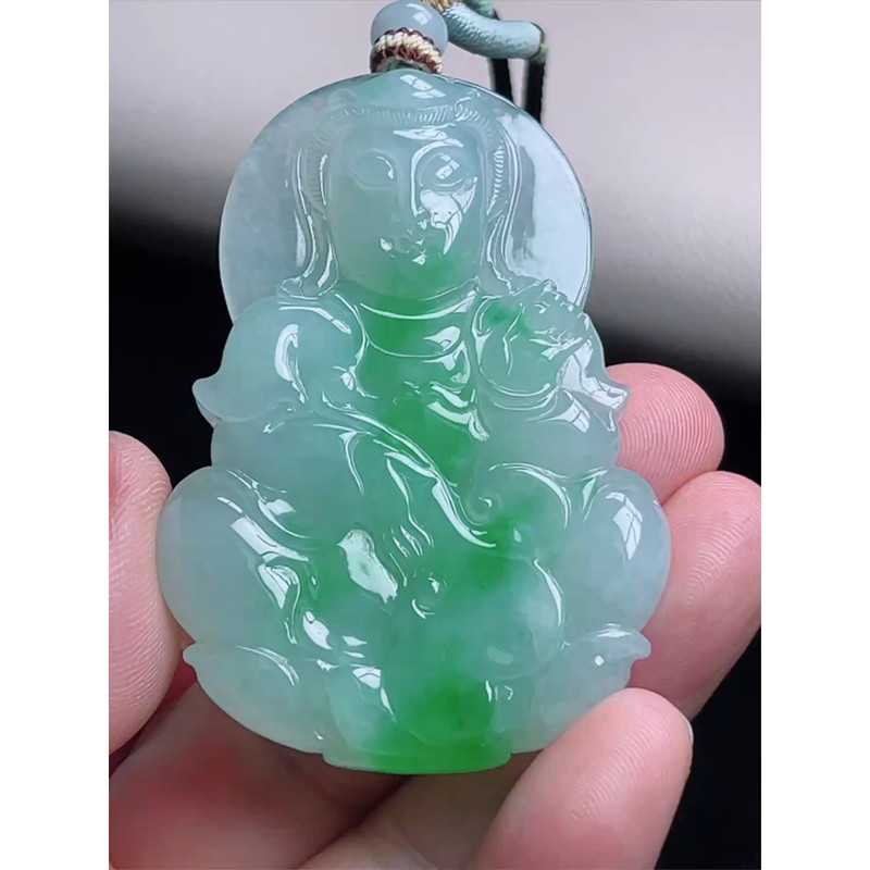 缅甸天然A货玉石翡翠 老坑冰种飘阳绿观音吊坠