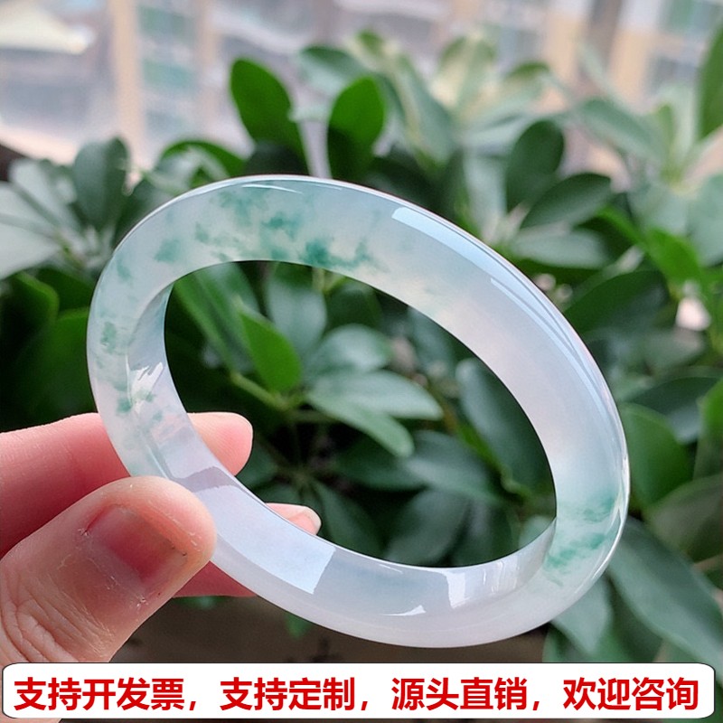 缅甸A货天然翡翠 老坑冰种飘花贵妃手镯53-54圈口 完美