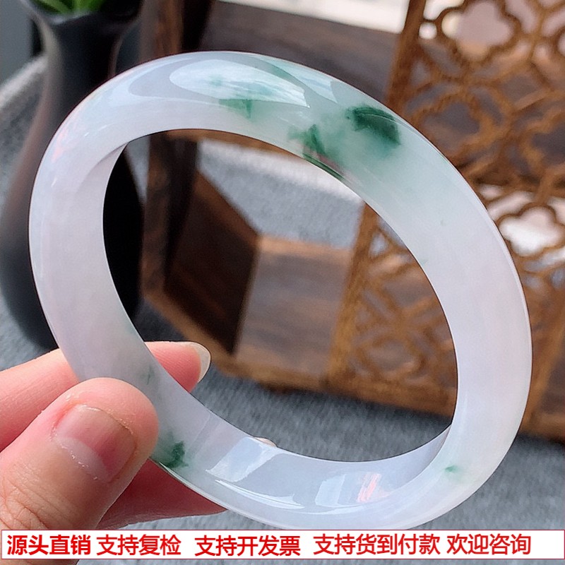 缅甸A货天然翡翠 老坑冰种飘花正装正圈手镯62-63大圈口