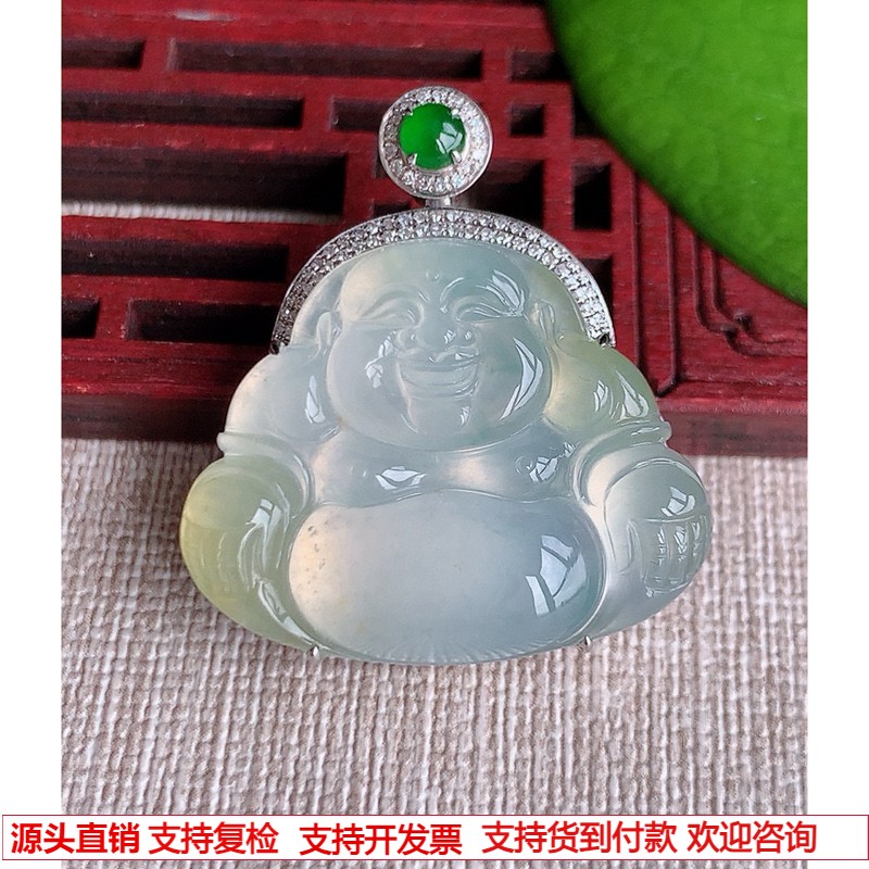 缅甸天然A货玉石翡翠 老坑冰种18K金伴钻镶嵌飘黄翡佛公吊坠