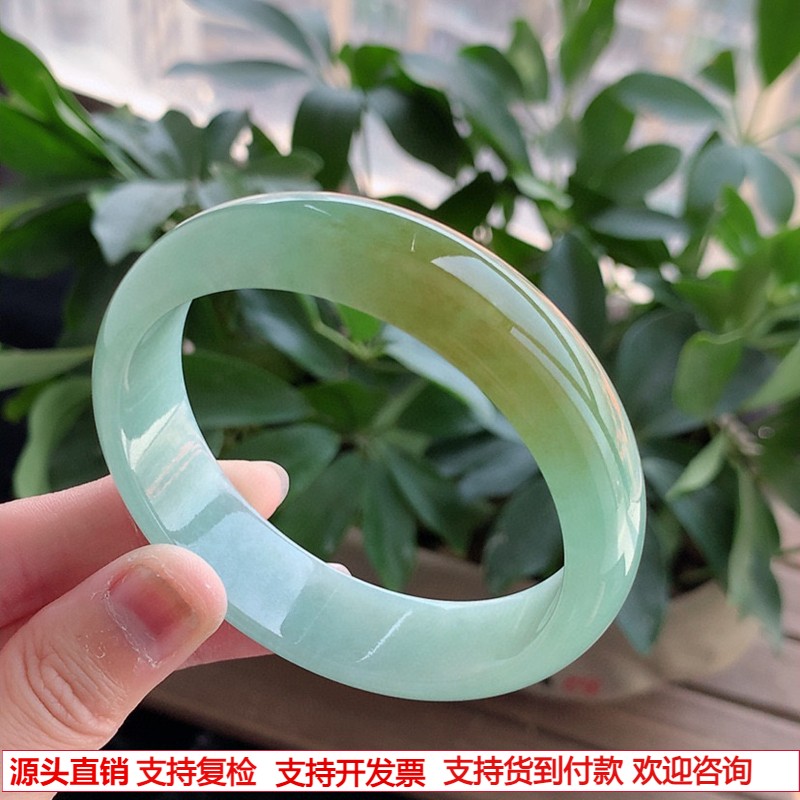 缅甸天然A货翡翠老坑冰种飘黄翡轮胎宽边正圈手镯60-61大圈口