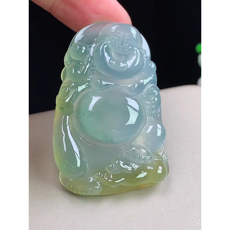 缅甸天然A货玉石翡翠 老坑冰种 手工精雕 飘黄翡布袋佛吊坠