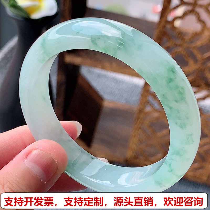 缅甸A货天然翡翠 老坑冰种飘花正装正圈手镯53-54圈口 完美