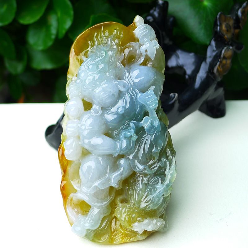 缅甸天然A货玉石翡翠 老坑冰种 手工精雕 黄翡不动明王吊坠