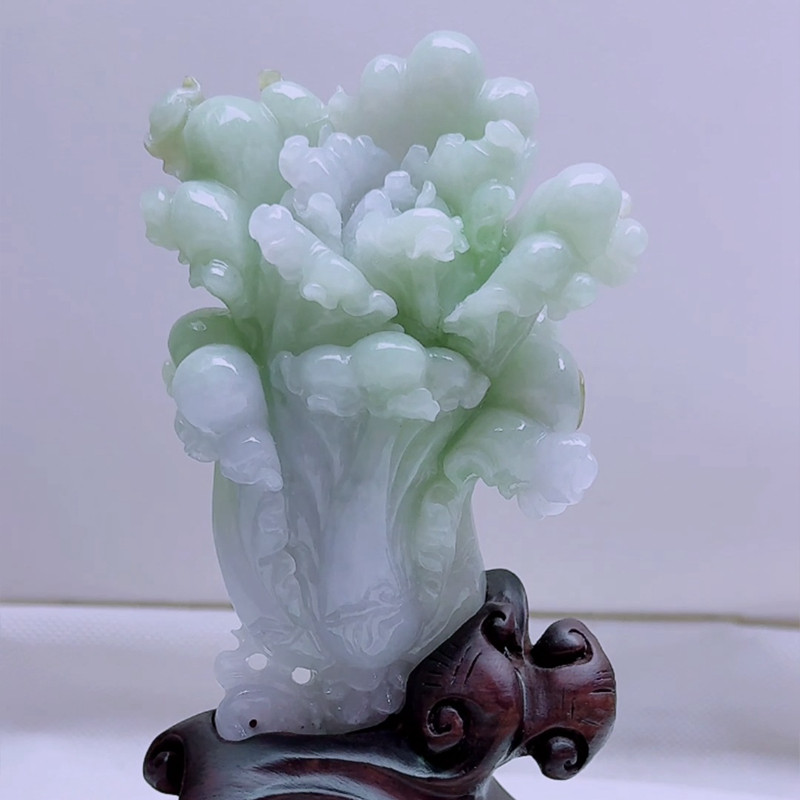 缅甸天然A货玉石翡翠孤品 精雕老坑三彩淡紫黄绿纳财小白菜摆件