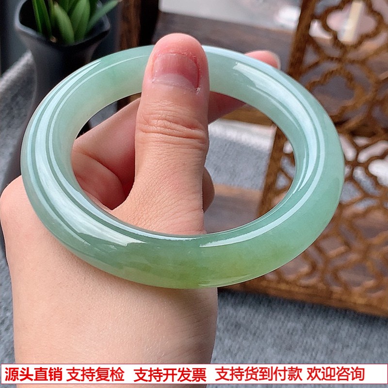 缅甸A货天然翡翠 老坑冰种飘黄翡胖圆条手镯55-56圈口