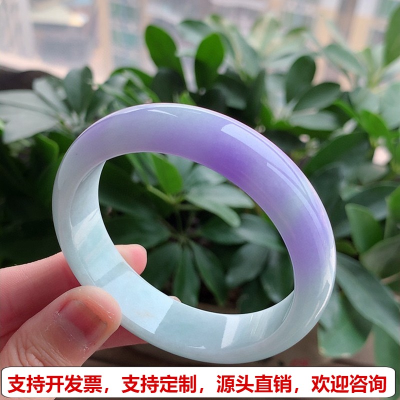 缅甸A货天然翡翠 老坑冰种紫罗兰宽边正装正圈手镯57-58圈口 完美