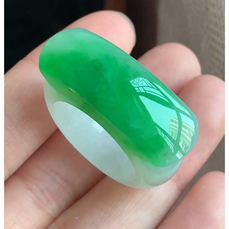 缅甸天然A货玉石翡翠 精雕老坑冰种扳指阳绿色戒指