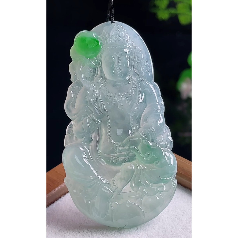 缅甸天然A货玉石翡翠 老坑冰种飘阳绿观音吊坠