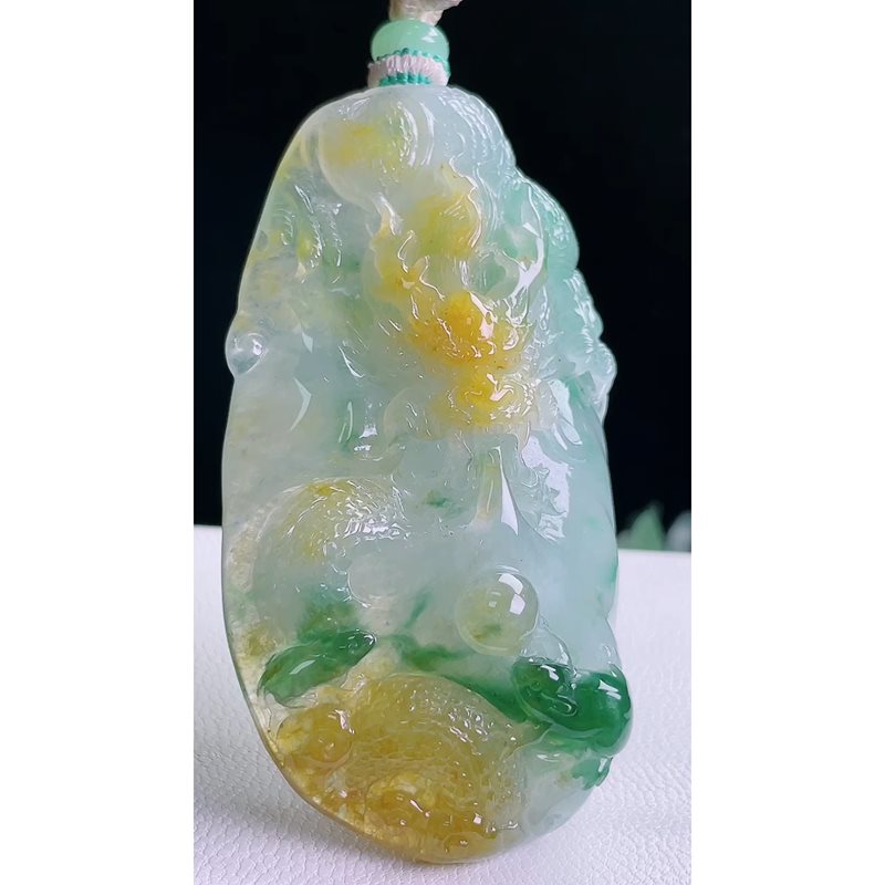 缅甸天然A货玉石翡翠挂件 精雕老坑冰种黄加绿龙牌吊坠