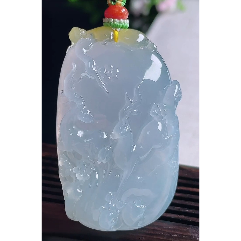 缅甸天然A货玉石翡翠 老坑冰种淡紫罗兰飘黄翡鹿牌吊坠