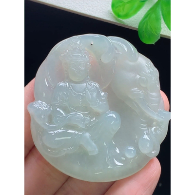 缅甸天然A货玉石翡翠 老坑冰种 手工精雕  普贤菩萨吊坠