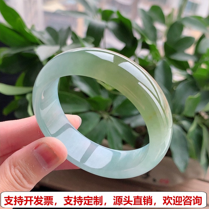 缅甸天然A货翡翠老坑冰种飘黄翡轮胎边宽边正圈手镯53-54圈口完美