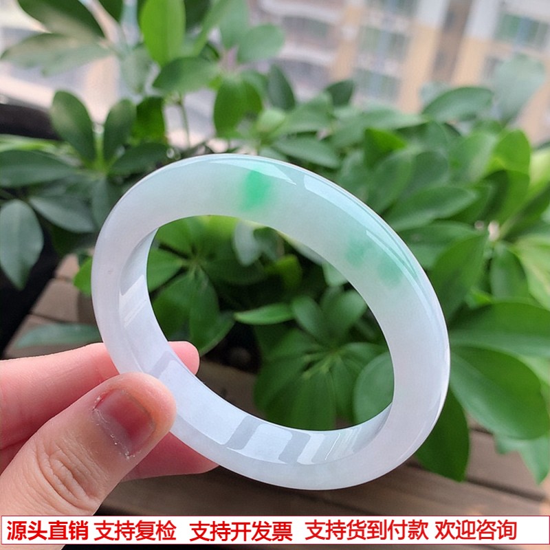 缅甸A货天然翡翠 老坑冰种白底青飘绿正装正圈手镯55-56圈口