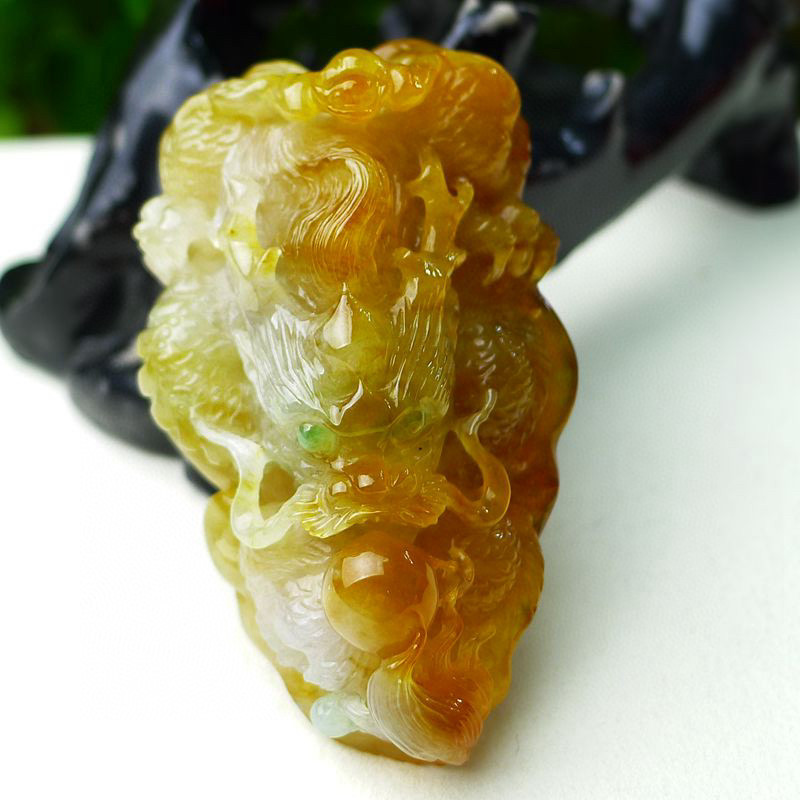 缅甸天然A货玉石翡翠挂件 精雕老坑双彩俏色冰种红黄翡龙牌吊坠