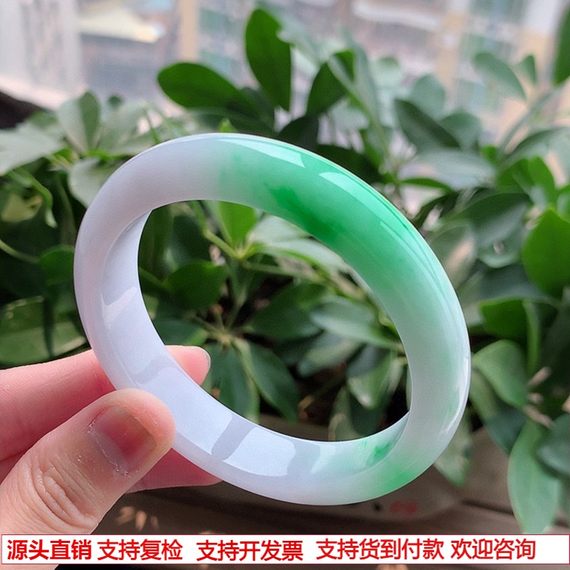 缅甸天然A货翡翠 老坑冰种白底青飘阳绿正装手镯59-60大圈口
