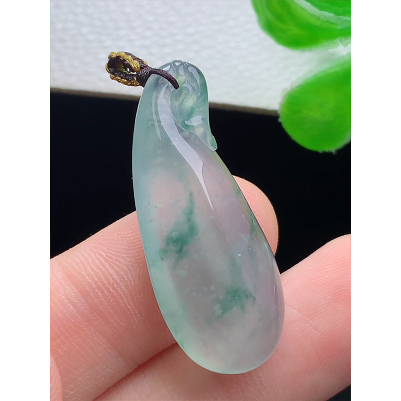 缅甸天然A货玉石翡翠 老坑冰种 手工精雕 冰飘花钱袋吊坠