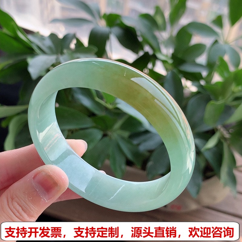 缅甸天然A货翡翠老坑冰种飘黄翡轮胎宽边正圈手镯60-61大圈口完美