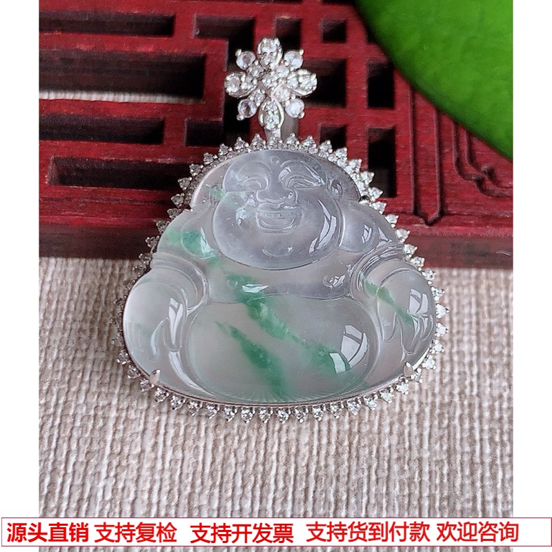 缅甸天然A货玉石翡翠 老坑冰种18K金伴钻镶嵌飘花佛公吊坠