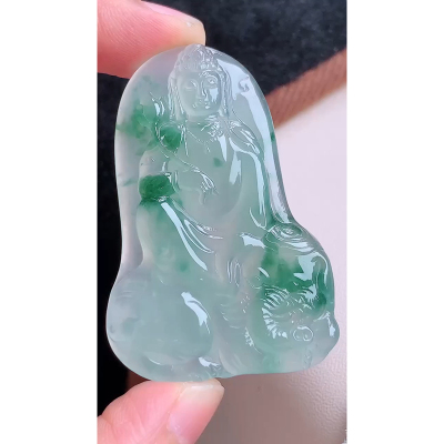 缅甸天然A货玉石翡翠 老坑冰种飘绿花普贤菩萨吊坠
