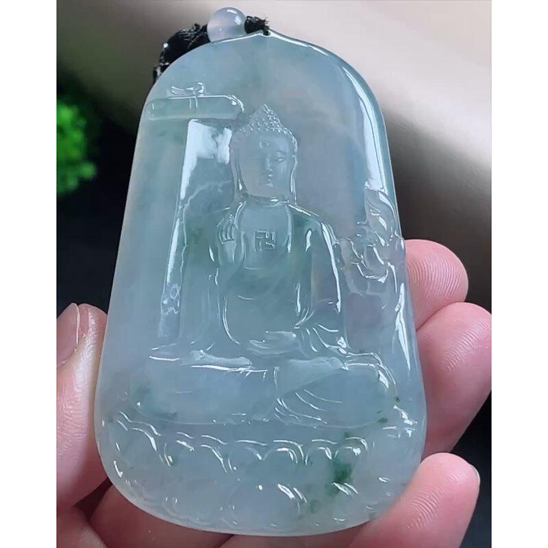 缅甸天然A货玉石翡翠挂件 精雕老坑冰种飘花大日如来佛吊坠