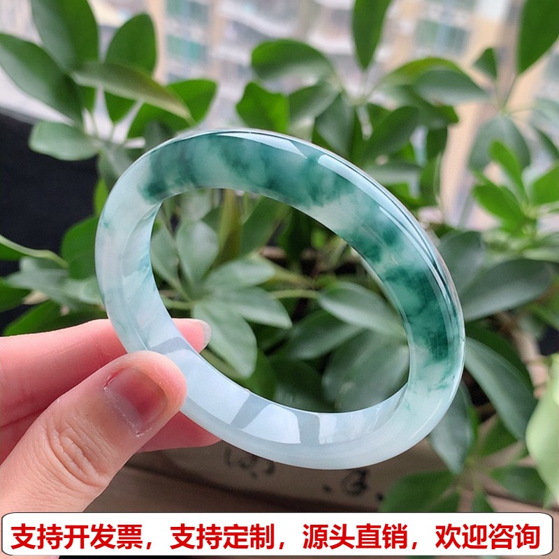 缅甸A货天然翡翠 老坑冰种飘花半山半水正装正圈手镯57-58圈口