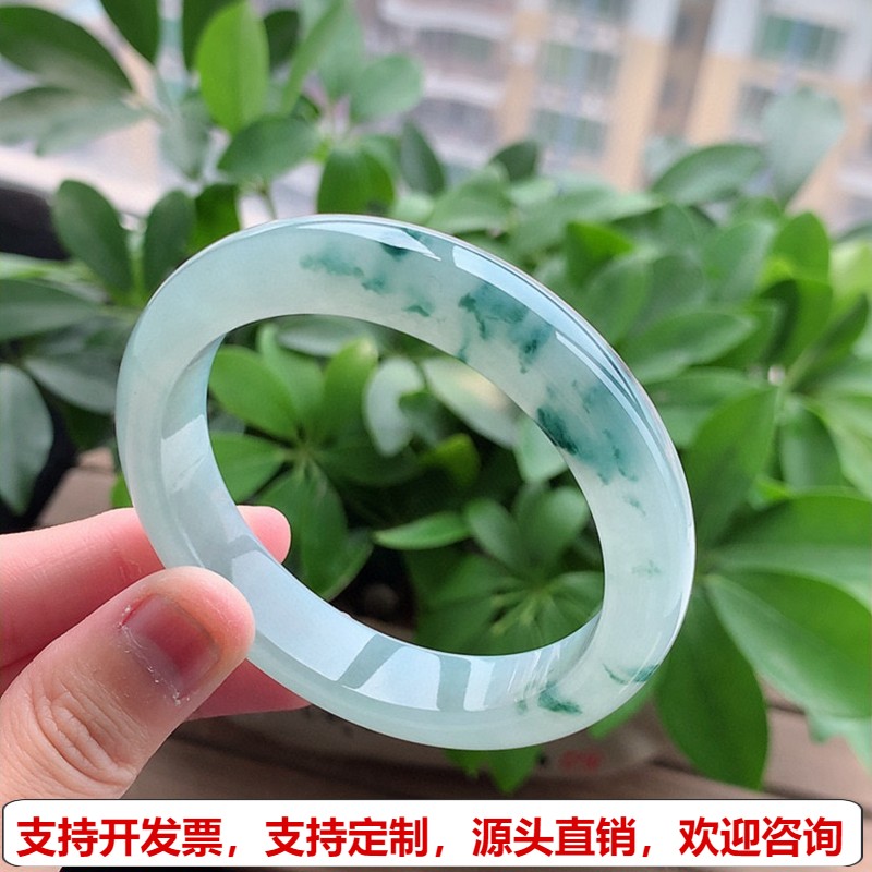 缅甸A货天然翡翠 老坑冰种飘花正装正圈手镯55-56圈口 完美