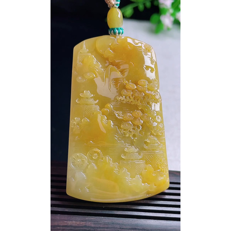 缅甸天然A货玉石翡翠 老坑冰种黄翡山水牌吊坠