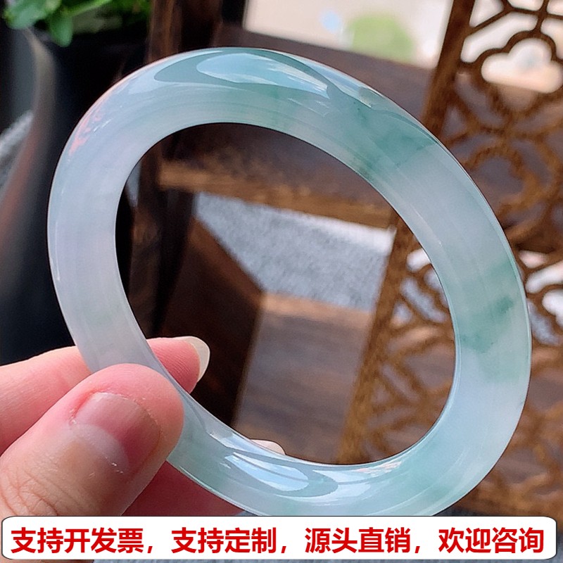 缅甸A货天然翡翠 老坑冰种飘花圆条手镯53-54圈口 完美