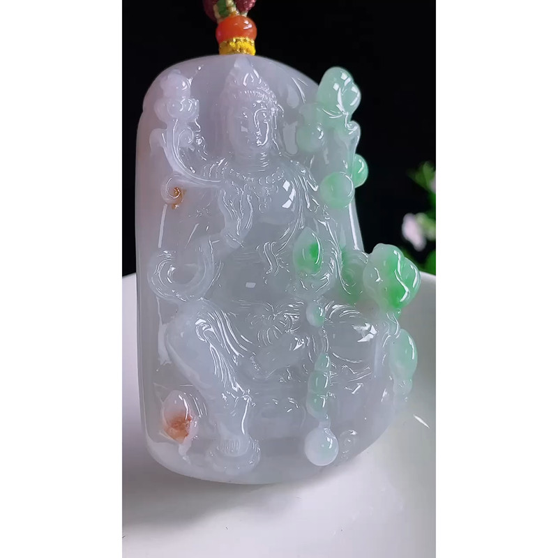 缅甸天然A货玉石翡翠 老坑冰种 手工精雕 飘阳绿观音吊坠