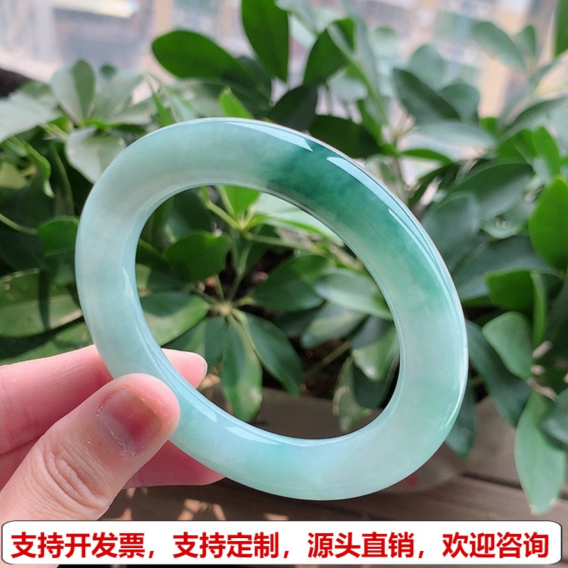 缅甸A货天然翡翠 老坑冰种飘花胖圆条手镯57-58圈口 完美