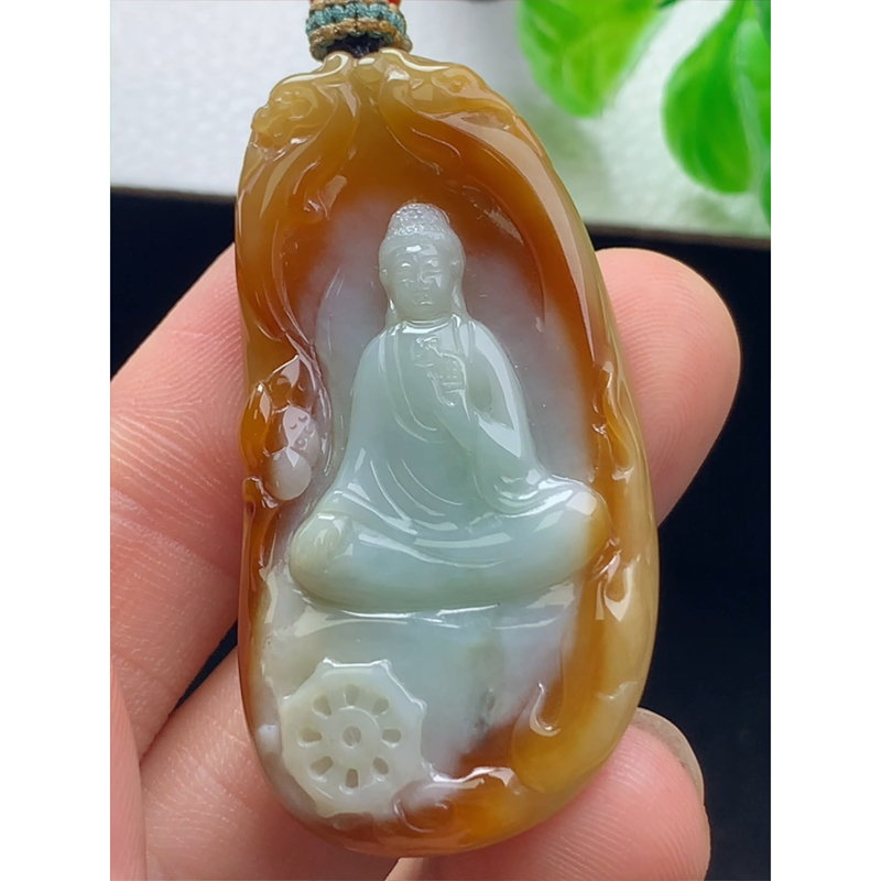 缅甸天然A货玉石翡翠 老坑冰种 手工精雕 阿弥陀佛菩萨牌吊坠