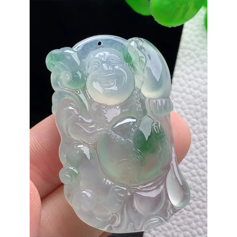 缅甸天然A货玉石翡翠 老坑冰种 手工精雕 飘花弥勒佛吊坠