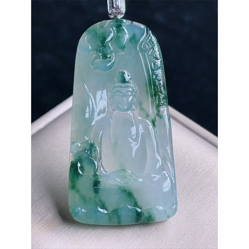 缅甸天然A货玉石翡翠 老坑冰种8k金扣镶嵌冰飘花素衣观音吊坠