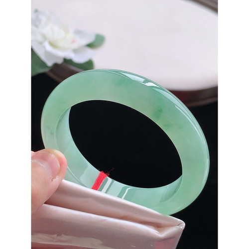 缘满家珠宝 缅甸天然A货翡翠 老坑冰种飘花正装手镯52-53圈口