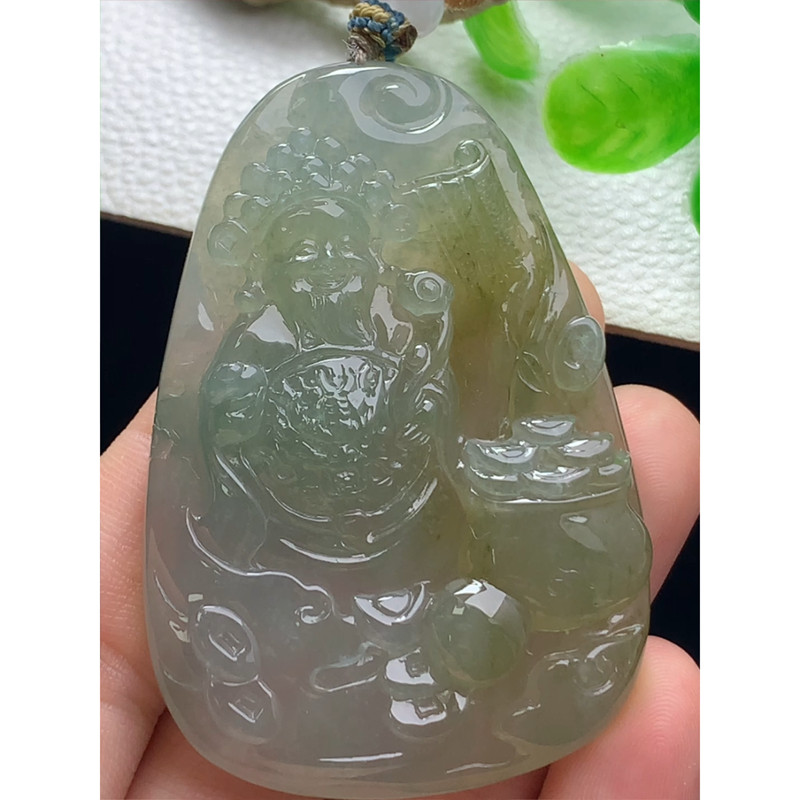 缅甸天然A货玉石翡翠 老坑冰种 手工精雕 飘黄翡财神牌吊坠