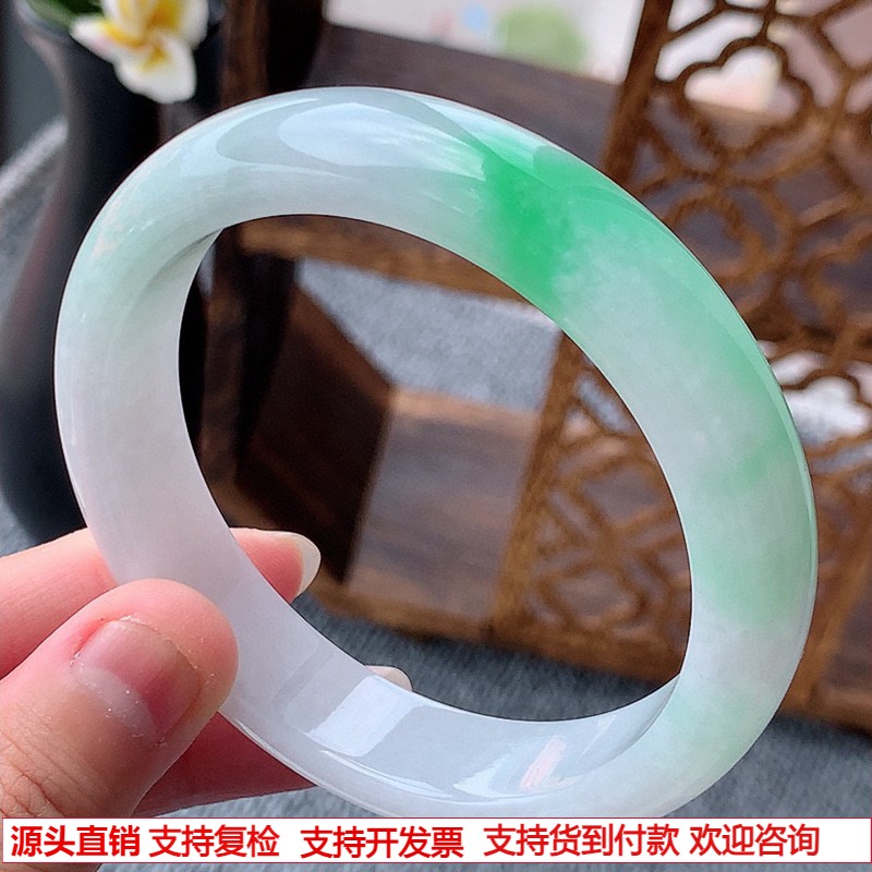 缅甸A货天然翡翠 老坑冰种白底青飘绿正装手镯59-60大圈口