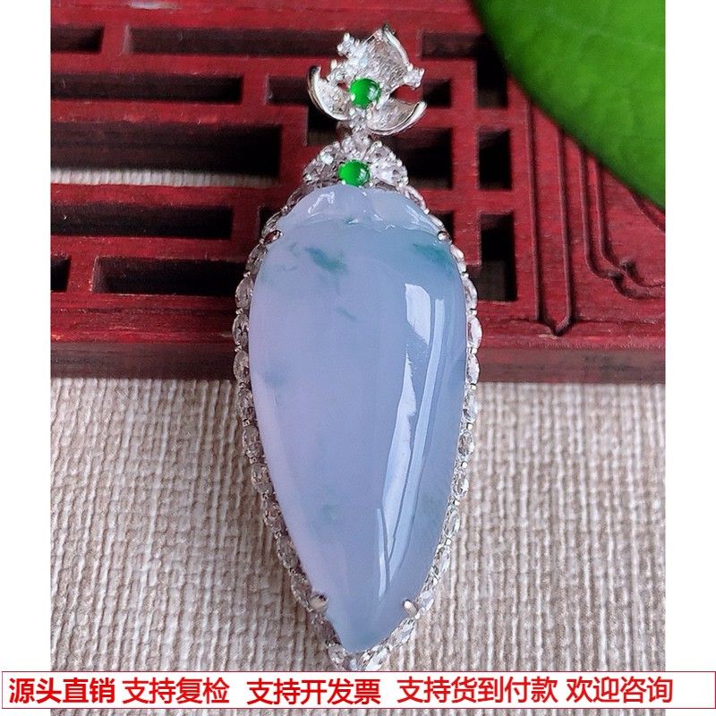缅甸天然A货玉石翡翠 老坑冰种18K金伴钻镶嵌紫罗兰飘花福瓜吊坠