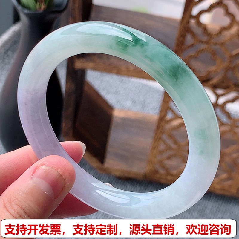 缅甸A货天然翡翠 老坑冰种紫罗兰飘花圆条手镯57-58圈口