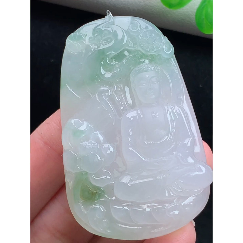 缅甸天然A货玉石翡翠挂件 精雕老坑冰种飘花大日如来佛牌吊坠