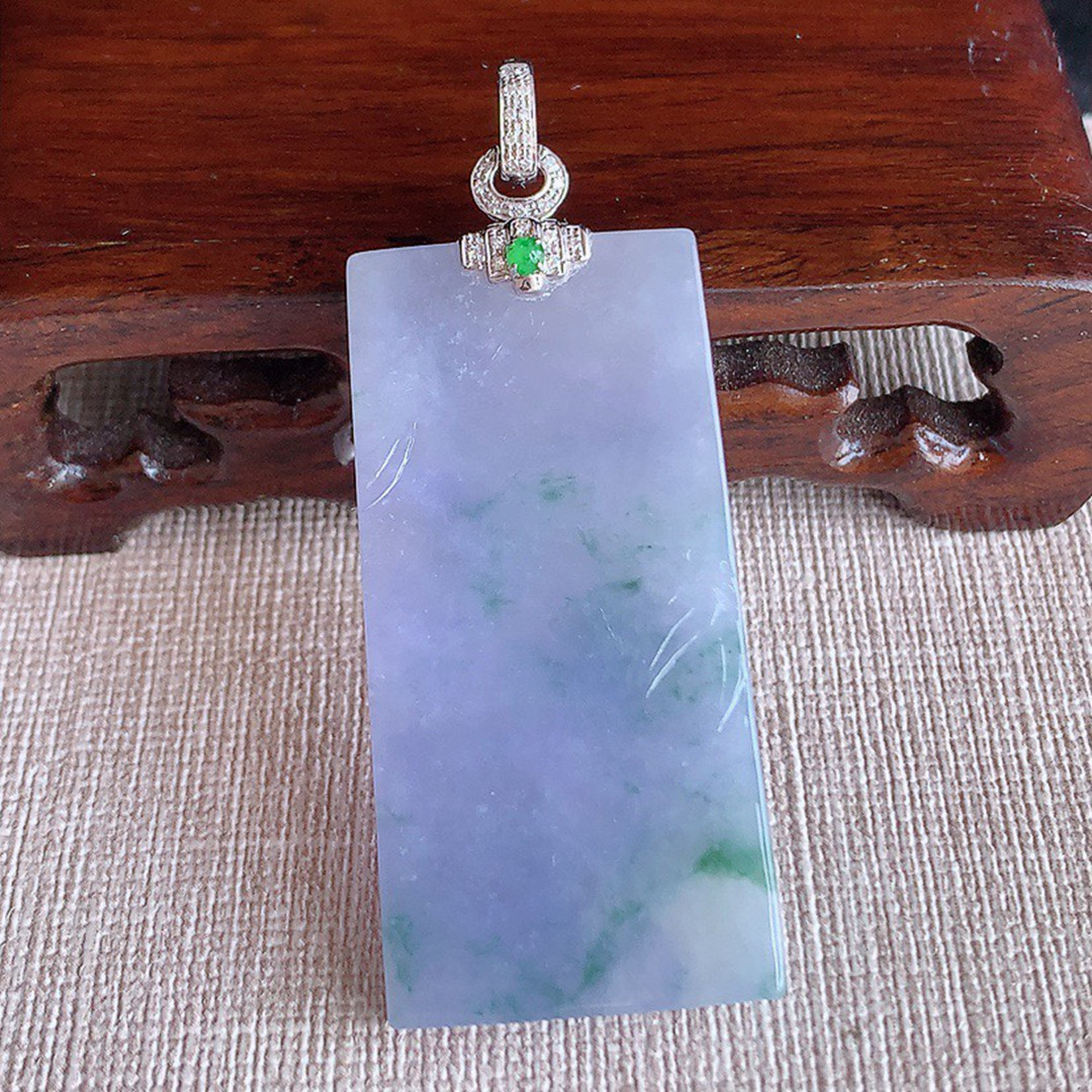 缅甸天然A货玉石翡翠老坑冰种手工精雕18K金伴钻紫罗兰无事牌吊坠