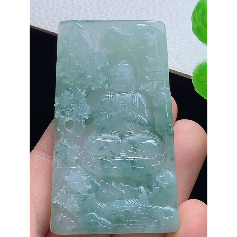 缅甸天然A货玉石翡翠 老坑冰种 手工精雕  飘花大日如来牌吊坠