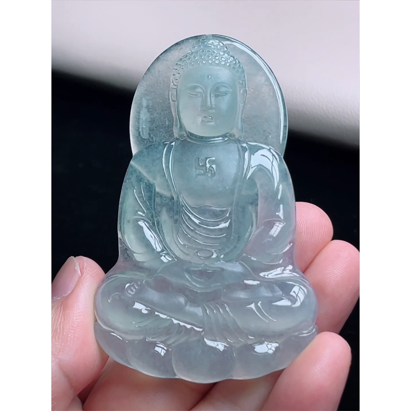 缅甸天然A货玉石翡翠 老坑冰种大日如来佛吊坠