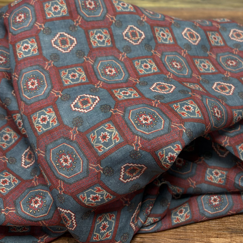 布久以逅壁画几何风格苎麻印花布料复古连衣裙衬衫国风面料  韵格