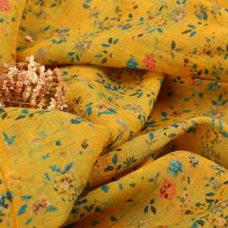布久以逅植物花卉苎麻印花连衣裙面料布料宽松袍子布衣料  辉煌黄