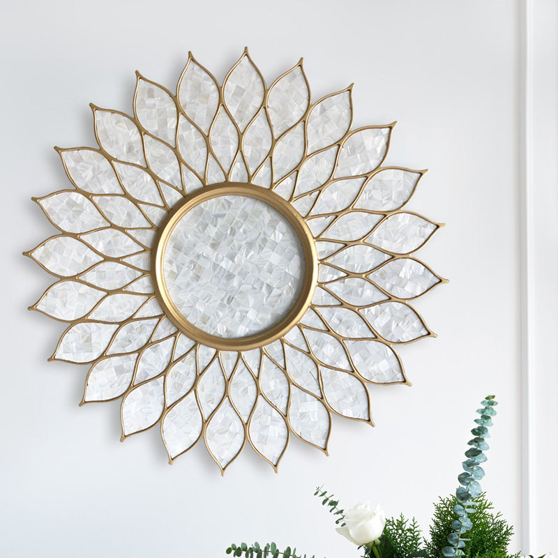 欧式ins风轻奢进口贝壳艺术装饰镜玄关客厅餐边墙面圆形挂镜创意