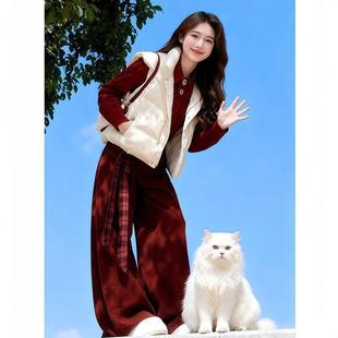 套装 休闲阔腿裤 三件套女纯色棉服马甲红色高领针织衫 秋冬巨好看