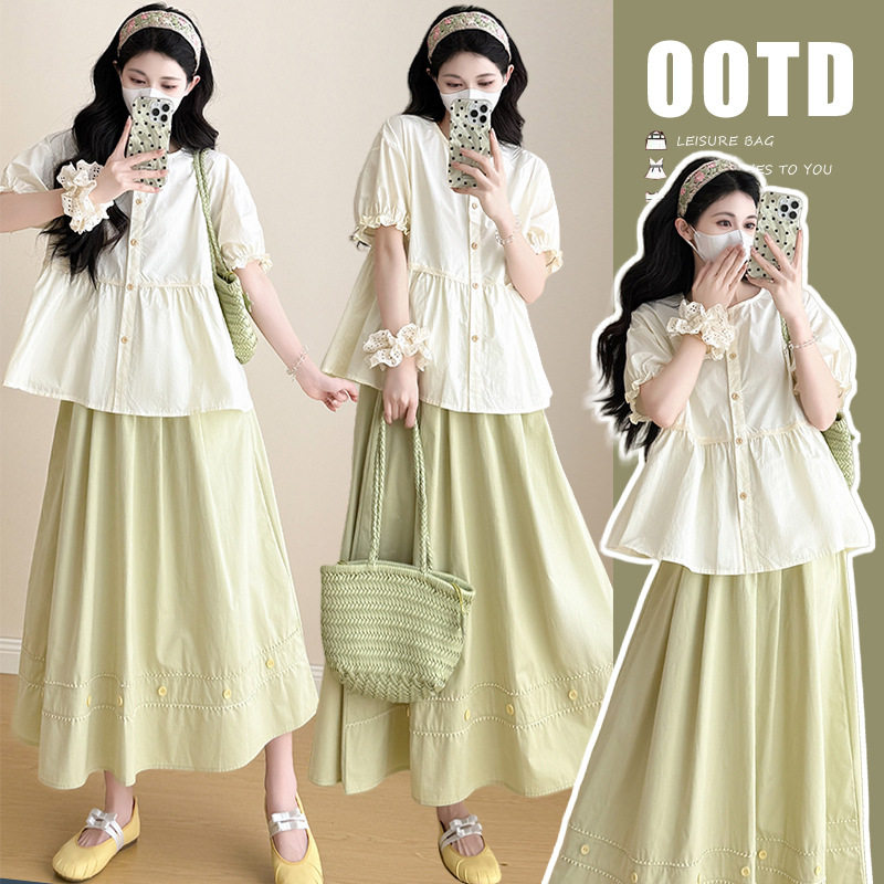 孕妇装2025夏季新款小个子圆领减龄浅杏色娃娃衫小清新半身裙