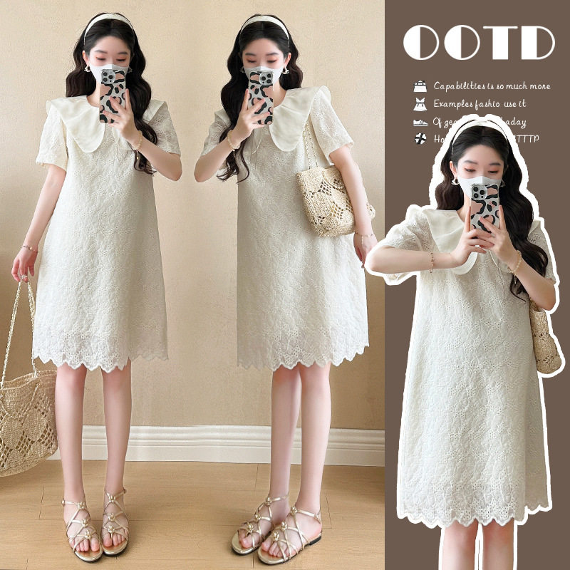 孕妇装2025夏季新款小个子蕾丝刺绣甜美娃娃领减龄小个子连衣裙